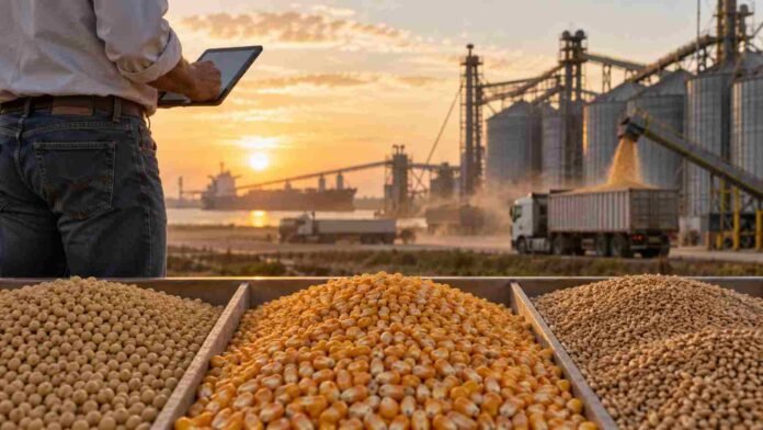 precios-granos-soja-maiz-trigo-estrategia-comercial Soja, maíz y trigo en compartimentos separados frente a una terminal cerealera, mientras un productor analiza información comercial al atardecer.