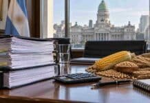El Presupuesto 2027 proyecta una cosecha de 170 millones de toneladas y más recaudación pese a la baja de retenciones Documentación del Presupuesto 2027 junto a granos de maíz, soja y trigo, con el Congreso de la Nación de fondo, en una imagen que representa el impacto de la pauta presupuestaria sobre el agro argentino.