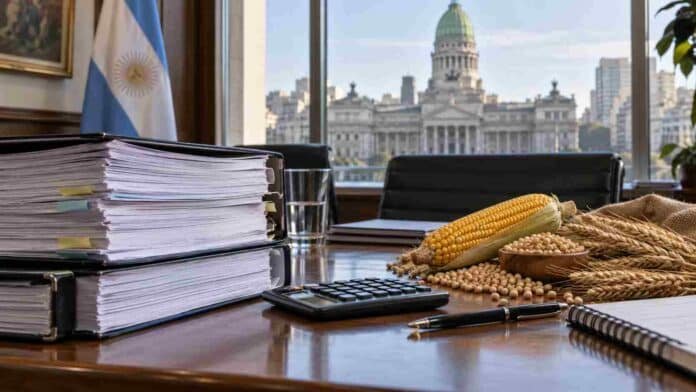 presupuesto-2027-agro-cosecha-retenciones-ruralnet Documentación del Presupuesto 2027 junto a granos de maíz, soja y trigo, con el Congreso de la Nación de fondo, en una imagen que representa el impacto de la pauta presupuestaria sobre el agro argentino.