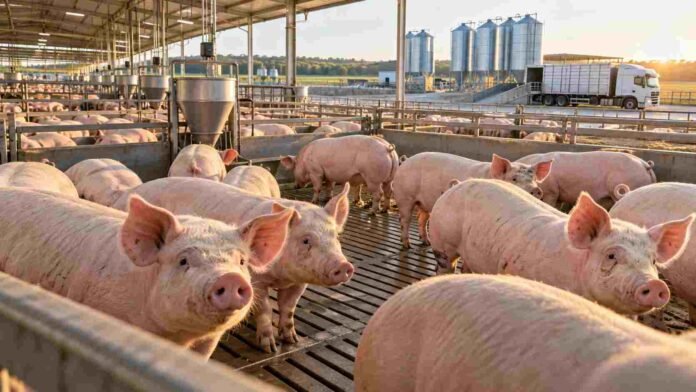 produccion-porcina-argentina-record-2026 Cerdos en una granja porcina tecnificada de Argentina, en una imagen que representa el crecimiento récord de la producción y el consumo de carne porcina en 2026.