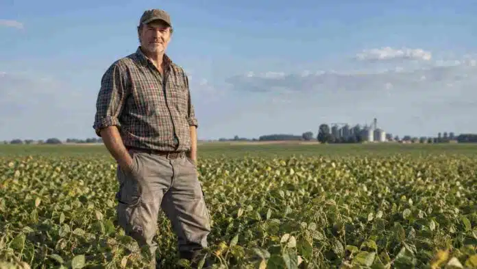 productor-agropecuario-argentino-campo-ruralnet Productor agropecuario argentino en un lote agrícola de la región pampeana, con cultivos extensivos y paisaje rural de fondo.