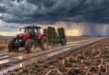 Pronóstico del 1 al 3 de octubre: el sábado suma más zonas con lluvias y tormentas Tractor con implemento agrícola avanza por un camino embarrado entre lotes en barbecho, bajo nubes de tormenta y un relámpago en el horizonte