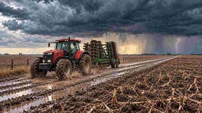 Tractor con implemento agrícola avanza por un camino embarrado entre lotes en barbecho, bajo nubes de tormenta y un relámpago en el horizonte