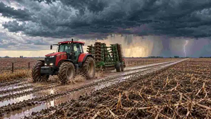 pronostico-1-3-octubre-2026-tormenta-campo-barbecho Tractor con implemento agrícola avanza por un camino embarrado entre lotes en barbecho, bajo nubes de tormenta y un relámpago en el horizonte