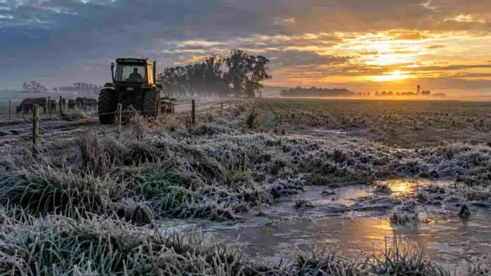 pronostico-heladas-calor-campo-argentina Campo argentino con heladas al amanecer y un tractor en actividad, en una jornada marcada por un fuerte cambio térmico entre frío y calor.