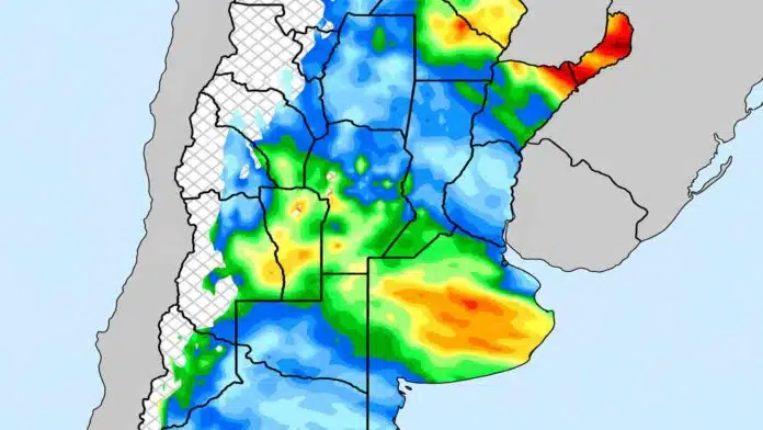 pronostico-lluvias-argentina-acumulados-septiembre-2026 Mapa del pronóstico de lluvias acumuladas en Argentina para septiembre de 2026, con mayores precipitaciones sobre el centro y noreste del país.
