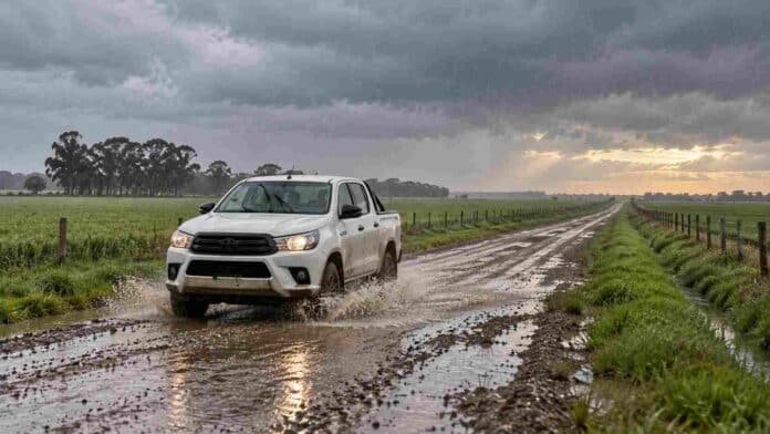 pronostico-lluvias-camino-rural-septiembre-octubre Camioneta atraviesa un charco en un camino rural bajo la lluvia, entre campos verdes y nubes con claros en el horizonte.
