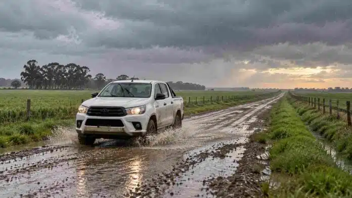 Camioneta atraviesa un charco en un camino rural bajo la lluvia, entre campos verdes y nubes con claros en el horizonte.