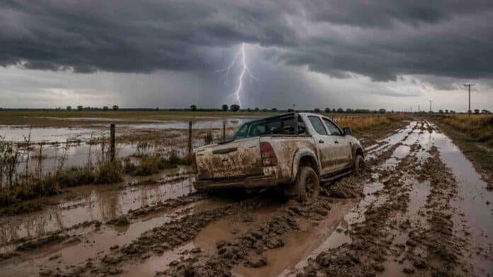 pronostico-lluvias-campo-anegado-camino-rural-septiembre-noviembre-2026 Campo anegado y camino rural con barro y una camioneta encajada bajo una tormenta, en el marco del pronóstico de lluvias para septiembre, octubre y noviembre de 2026.