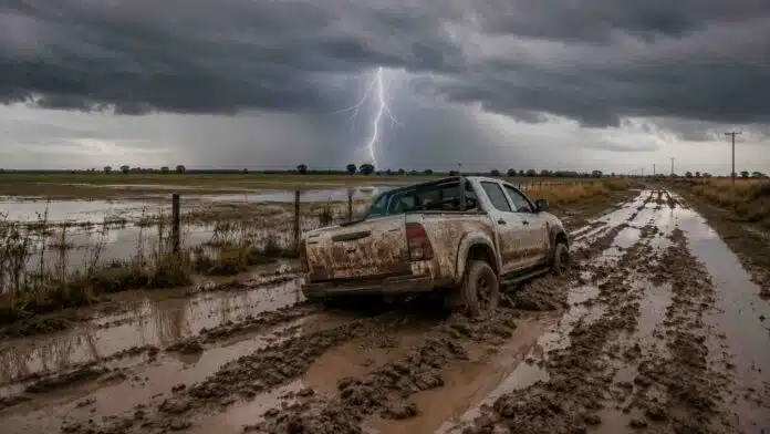 Campo anegado y camino rural con barro y una camioneta encajada bajo una tormenta, en el marco del pronóstico de lluvias para septiembre, octubre y noviembre de 2026.