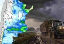Así se repartirán las lluvias hasta el 28 de septiembre: fuerte contraste entre regiones Pronóstico de lluvias hasta el 28 de septiembre en Argentina, con mapa de precipitaciones y una escena rural bajo tormenta con tractor, camino embarrado y actividad eléctrica.