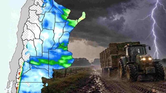 Pronóstico de lluvias hasta el 28 de septiembre en Argentina, con mapa de precipitaciones y una escena rural bajo tormenta con tractor, camino embarrado y actividad eléctrica.