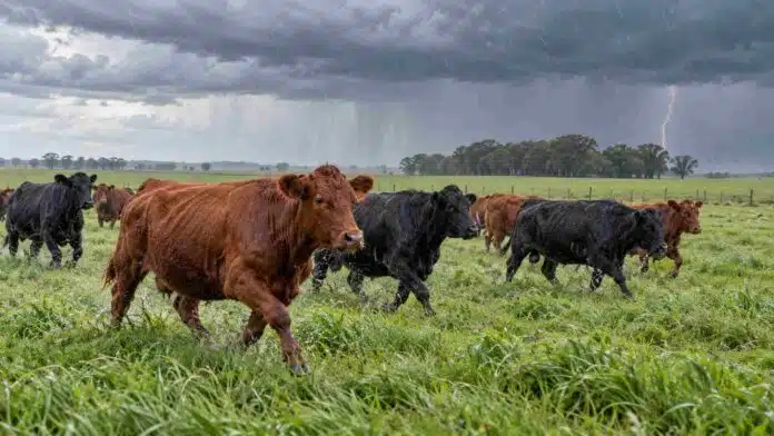pronostico-lluvias-rodeo-tormenta-region-pampeana Rodeo de bovinos negros y colorados desplazándose por una pastura bajo la lluvia, con nubes de tormenta y un relámpago al fondo