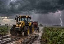 Pronóstico para viernes, sábado y domingo: las tormentas cambian de región y el norte llega a 36 °C Tractor amarillo avanza por un camino rural bajo una fuerte tormenta con lluvia, ráfagas y relámpagos