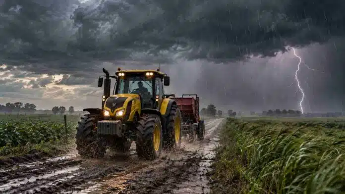 Tractor amarillo avanza por un camino rural bajo una fuerte tormenta con lluvia, ráfagas y relámpagos