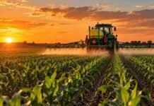 Fitosanitarios: los errores que aumentan el riesgo de deriva en zonas periurbanas Pulverizadora agrícola aplicando sobre un cultivo de maíz en estado V10, avanzando a favor de los surcos durante el atardecer.