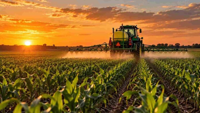pulverizacion-maiz-v10-atardecer-ruralnet Pulverizadora agrícola aplicando sobre un cultivo de maíz en estado V10, avanzando a favor de los surcos durante el atardecer.