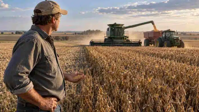 Productor observa la cosecha de soja mientras avanza una cosechadora en un campo argentino