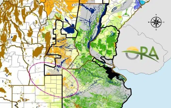 Mapa de reservas hídricas en Argentina con áreas de déficit de humedad en distintas zonas agrícolas durante septiembre de 2026.
