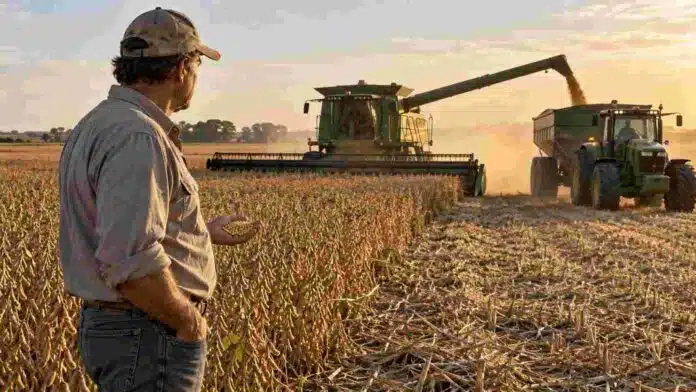 retenciones-cosecha-soja-productor-argentina Productor observa la cosecha de soja mientras una cosechadora descarga granos en una tolva durante la campaña agrícola en Argentina.