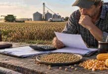 Casi $40.000 por hectárea quedan inmovilizados en IVA: proponen usarlos como garantía de crédito Productor agropecuario revisa documentación y costos en el campo, junto a granos y maquinaria durante una jornada de gestión agrícola.