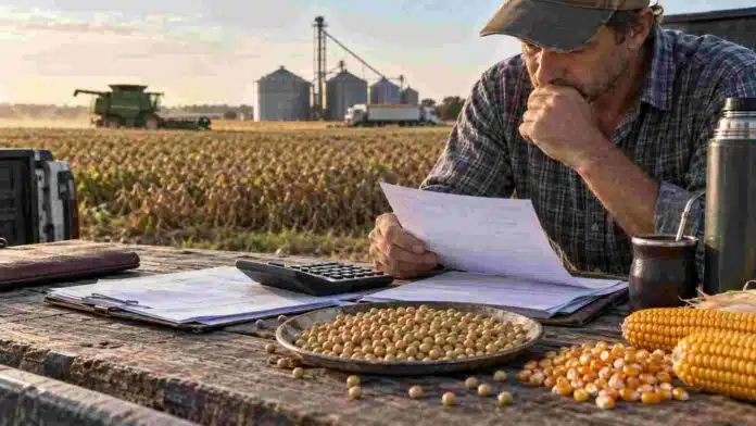 Productor agropecuario revisa documentación y costos en el campo, junto a granos y maquinaria durante una jornada de gestión agrícola.