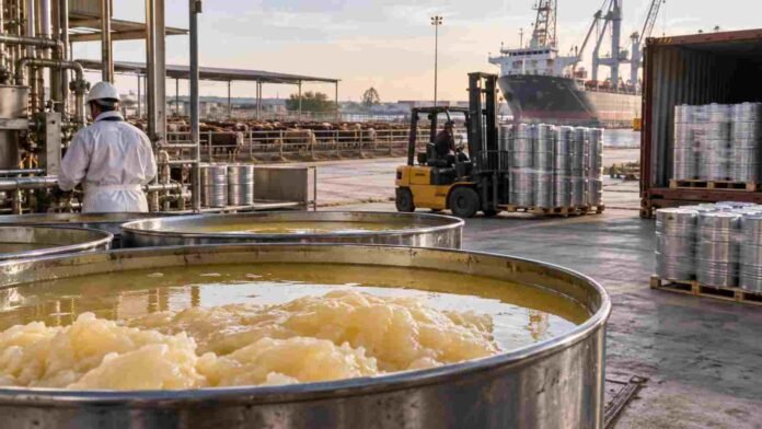 sebo-bovino-exportaciones-argentina Sebo bovino procesado en una planta industrial argentina, preparado para almacenamiento y exportación como subproducto de la cadena ganadera.