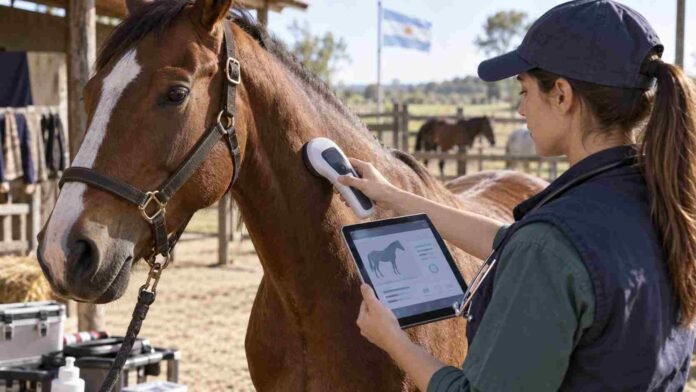 Veterinaria verifica la identificación electrónica de un caballo mediante un lector de microchip y registra sus datos sanitarios en formato digital.