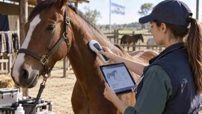 Veterinaria verifica la identificación electrónica de un caballo mediante un lector de microchip y registra sus datos sanitarios en formato digital.