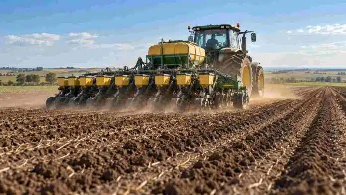 siembra-girasol-campana-agricola Tractor con sembradora implantando girasol en un lote agrícola durante la campaña de siembra.