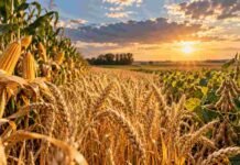 Trigo, maíz y soja suben con fuerza: el trigo ya vale 41% más que hace un año Espigas de trigo, plantas de soja y maíz maduro en un lote agrícola al atardecer, en una imagen que representa el mercado internacional de granos.