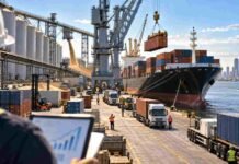 Argentina apunta a un superávit comercial récord de US$25.034 millones en 2026 Actividad exportadora en un puerto argentino con buque de carga, contenedores, camiones y terminales de granos, imagen ilustrativa del comercio exterior.
