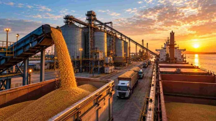 terminal-cerealera-exportacion-granos-atardecer Carga de granos en una terminal cerealera argentina durante el atardecer, con silos, camiones y buques en operación.