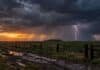 Alertas del SMN: tormentas en el NEA y fuerte temporal de viento, nieve y Zonda en el oeste Tormenta al anochecer sobre un campo, con relámpagos, lluvia intensa y un camino rural embarrado en primer plano.