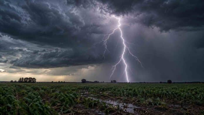 tormenta-con-relampago-fuerte-sobre-campo-ruralnet Fuerte tormenta eléctrica con un relámpago impactando sobre un campo rural cultivado bajo un cielo oscuro y cargado.