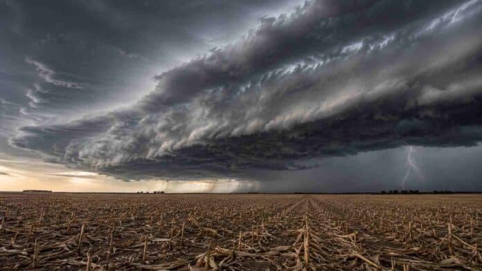 Tormenta fuerte sobre un campo en barbecho con rastrojo de maíz en la región pampeana argentina.