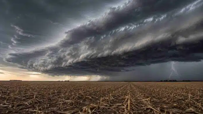 tormenta-fuerte-campo-rastrojo-maiz Tormenta fuerte sobre un campo en barbecho con rastrojo de maíz en la región pampeana argentina.