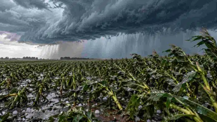 tormenta-granizo-maizal-alerta-meteorologica Tormenta con granizo y lluvias intensas sobre un maizal, con plantas inclinadas por el viento bajo un frente de tormenta severa.