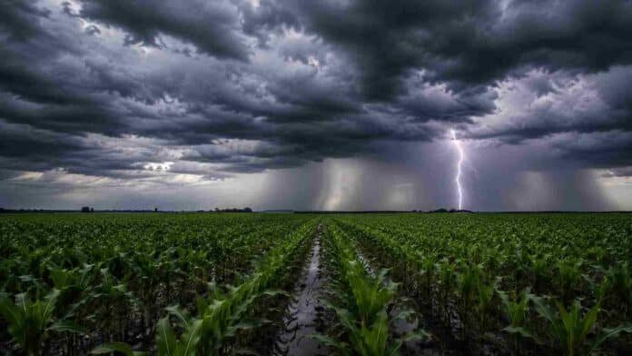 tormenta-maiz-relampago-campo Campo de maíz con surcos anegados bajo una intensa tormenta, con nubes oscuras, cortina de lluvia y un fuerte relámpago sobre el horizonte