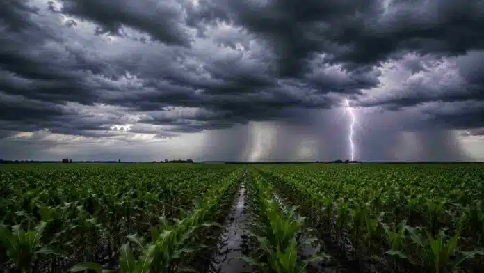 Campo de maíz con surcos anegados bajo una intensa tormenta, con nubes oscuras, cortina de lluvia y un fuerte relámpago sobre el horizonte