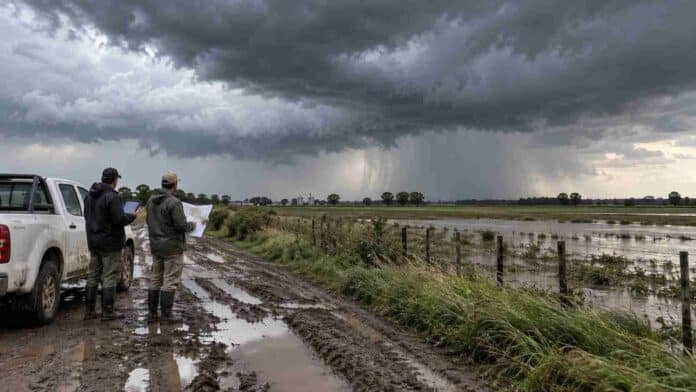 Dos técnicos observan un camino rural embarrado y campos anegados bajo una tormenta intensa en la Región Centro, en una escena vinculada al avance de El Niño.