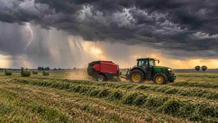 tormenta-rotoenfardadora-alfalfa-ruralnet Tractor con rotoenfardadora trabajando sobre alfalfa bajo una tormenta, con rollos en el campo y lluvias intensas en el horizonte.