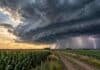 Pronóstico para jueves, viernes y sábado: el calor trepa a 40 °C y la inestabilidad cambia de región Tormenta intensa sobre campos agrícolas, con nubarrones oscuros, lluvia y relámpagos al fondo, un camino rural en primer plano y cultivos a ambos lados
