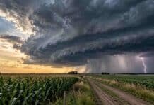 Pronóstico para jueves, viernes y sábado: el calor trepa a 40 °C y la inestabilidad cambia de región Tormenta intensa sobre campos agrícolas, con nubarrones oscuros, lluvia y relámpagos al fondo, un camino rural en primer plano y cultivos a ambos lados