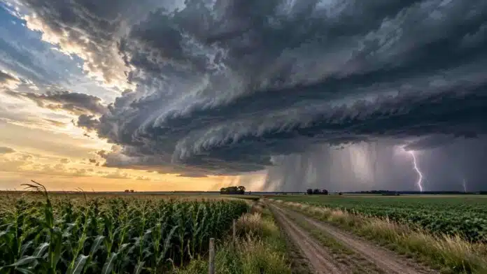 Tormenta intensa sobre campos agrícolas, con nubarrones oscuros, lluvia y relámpagos al fondo, un camino rural en primer plano y cultivos a ambos lados