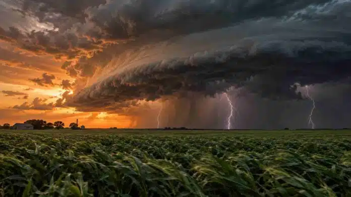 tormenta-severa-alerta-naranja-campo-ruralnet Tormenta severa sobre un campo agrícola al atardecer, con una gran nube de tormenta, lluvias intensas y fuertes descargas eléctricas en el horizonte.