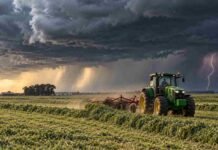 Pronóstico para jueves, viernes y sábado: tormentas avanzan por el norte y las ráfagas ganan terreno Tractor trabajando con rastrillo de entrega lateral sobre un campo de alfalfa recién cortada, bajo un cielo de tormenta con lluvias avanzando en el horizonte