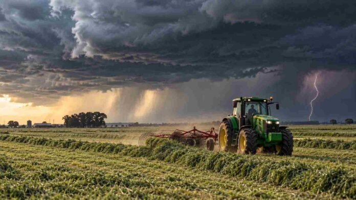 Tractor trabajando con rastrillo de entrega lateral sobre un campo de alfalfa recién cortada, bajo un cielo de tormenta con lluvias avanzando en el horizonte