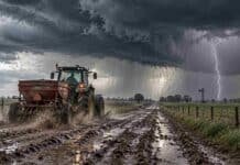 Tormentas fuertes con granizo y hasta 70 mm: las zonas bajo alerta Tractor se aleja por un camino rural embarrado bajo una tormenta intensa, con lluvia, nubarrones oscuros y un relámpago en el horizonte.