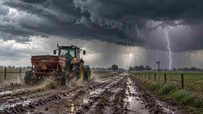 tormentas-fuertes-campo-tractor-ruralnet Tractor se aleja por un camino rural embarrado bajo una tormenta intensa, con lluvia, nubarrones oscuros y un relámpago en el horizonte.